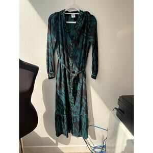 Cabi Midi Dress – Black & Teal Leaf Print – Size Small